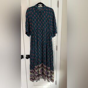 NATURAL LIFE Rebecca Midi Dress Navy Pink Roses Border Size Large